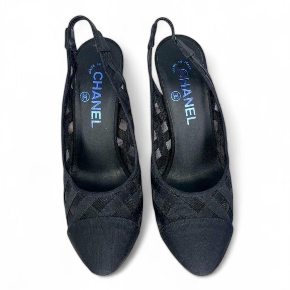 CHANEL Black Diamond Pattern Mesh CC Logo Cap Toe Slingback Sandals Size… - Picture 8 of 15